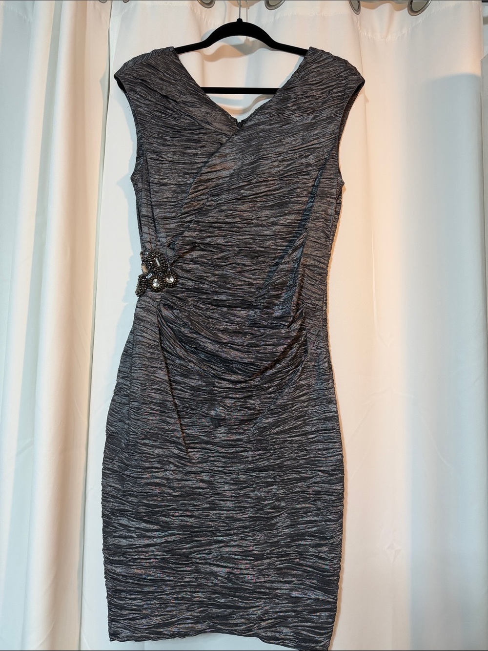 Calvin Klein charcoal gray metallic ruched midi dress with jeweled accent